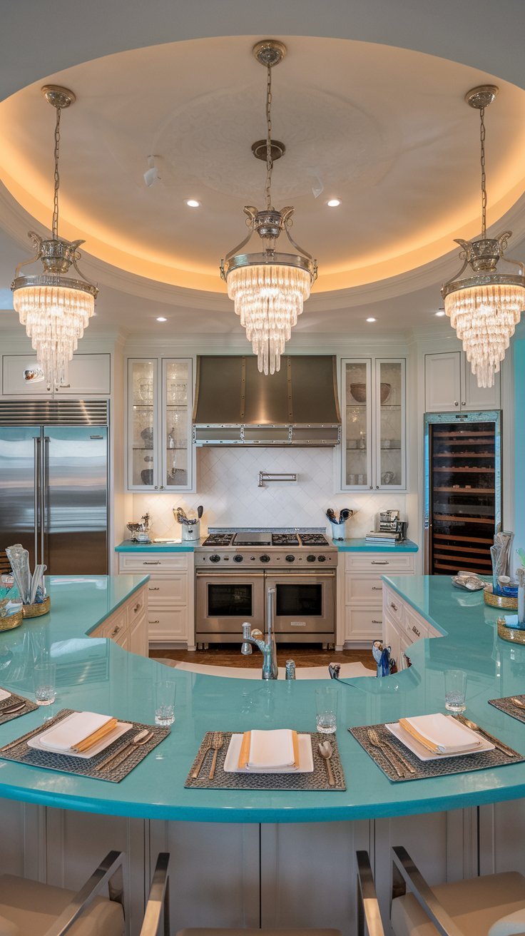 Midnight Blue Kitchen Island with Marble Countertop