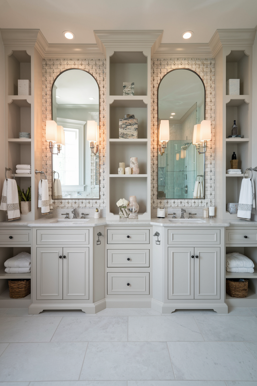 A beautifully designed bathroom featuring a double vanity with built-in shelves, arched mirrors, and soft lighting. The neutral-toned cabinetry, mosaic backsplash, and decorative accents create a luxurious and organized space.