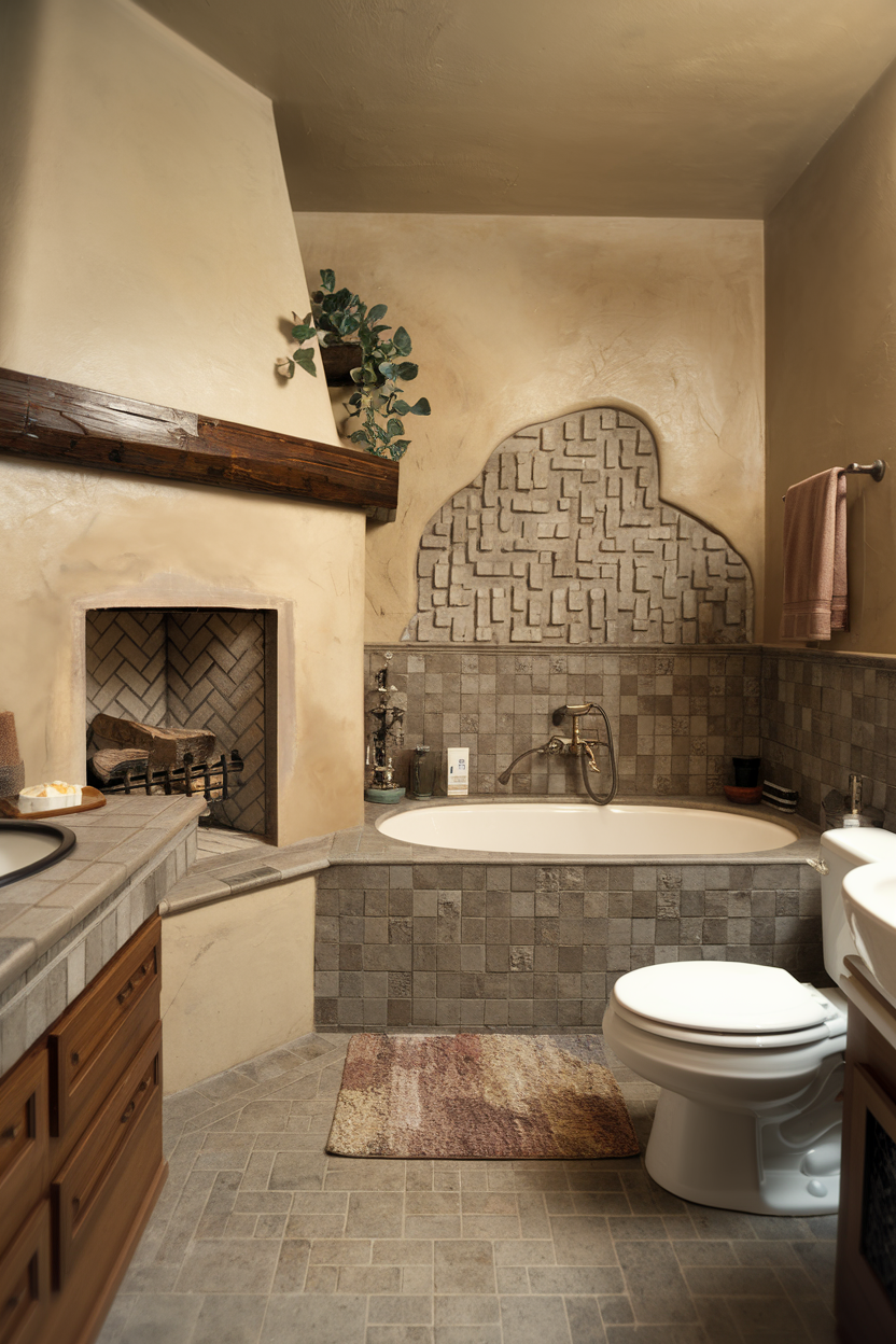 A rustic bathroom with a built-in bathtub, textured tile walls, and a cozy fireplace. Warm earth tones, wooden cabinetry, and decorative elements create a Southwestern-inspired ambiance.