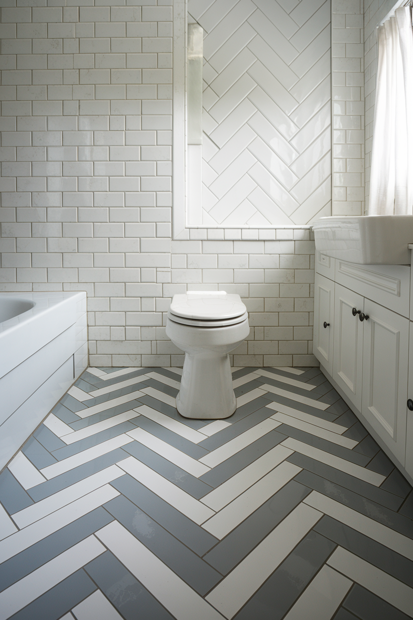 A modern bathroom featuring a striking herringbone-patterned floor in gray and white, complemented by classic white subway tile walls and a sleek white vanity.