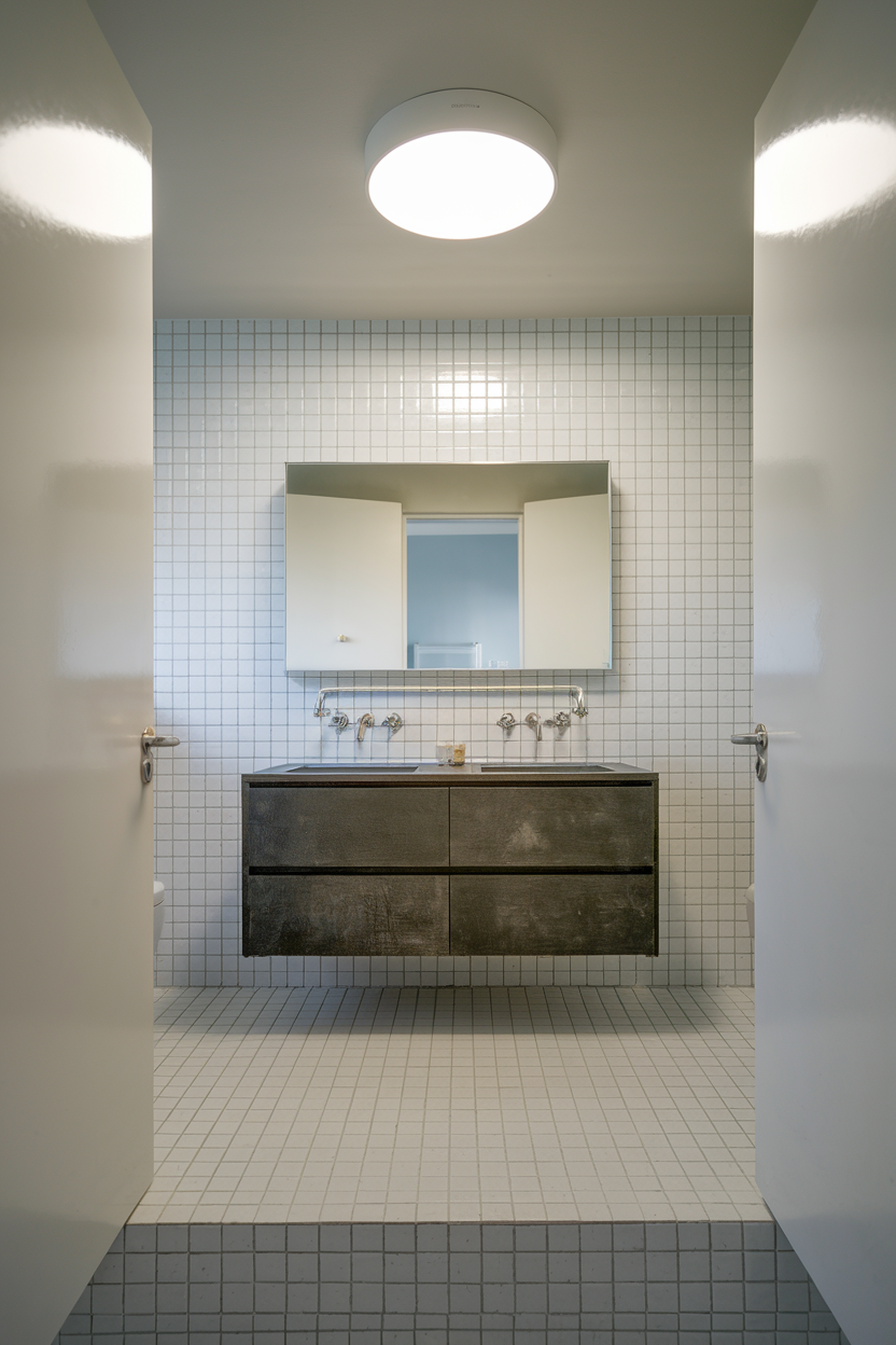 A modern minimalist bathroom featuring a floating dark wood vanity, white square tiles, and a built-in mirrored cabinet above the sink. 