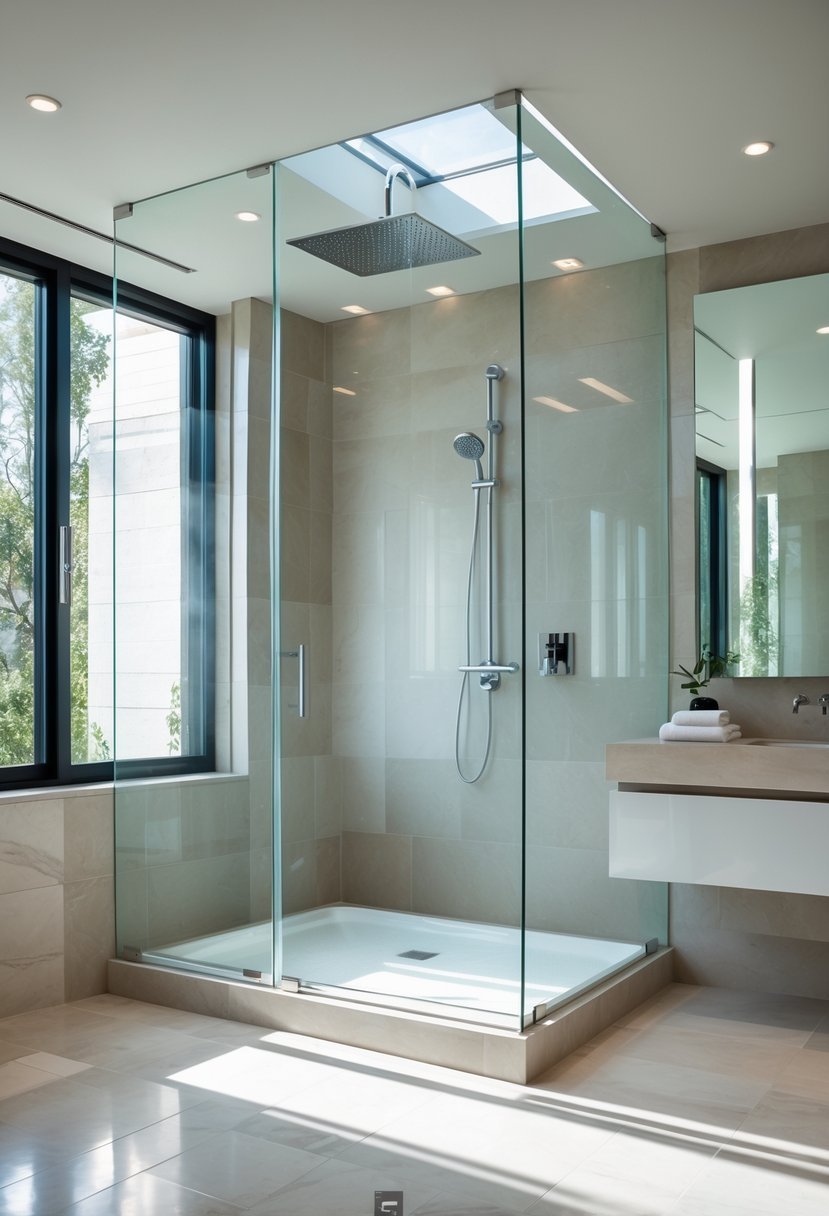 A spacious bathroom with a frameless glass shower enclosure, a floating vanity, and large windows letting in natural light.