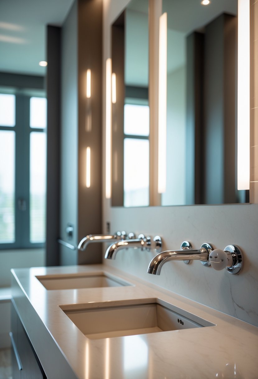 A bathroom sink area with wall-mounted faucets above a clean countertop and a large mirror.