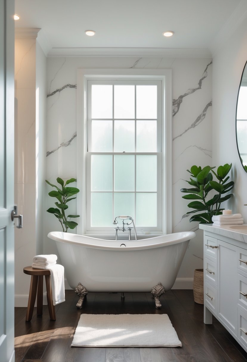 A bright bathroom with a white clawfoot bathtub, wooden stool with towel, green plant, and a vanity with a round mirror.