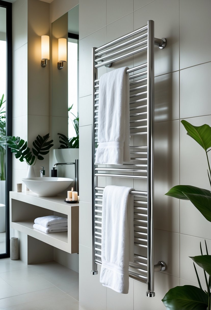 A modern bathroom with a heated towel rack holding white towels, a vanity with a sink, and some green plants.