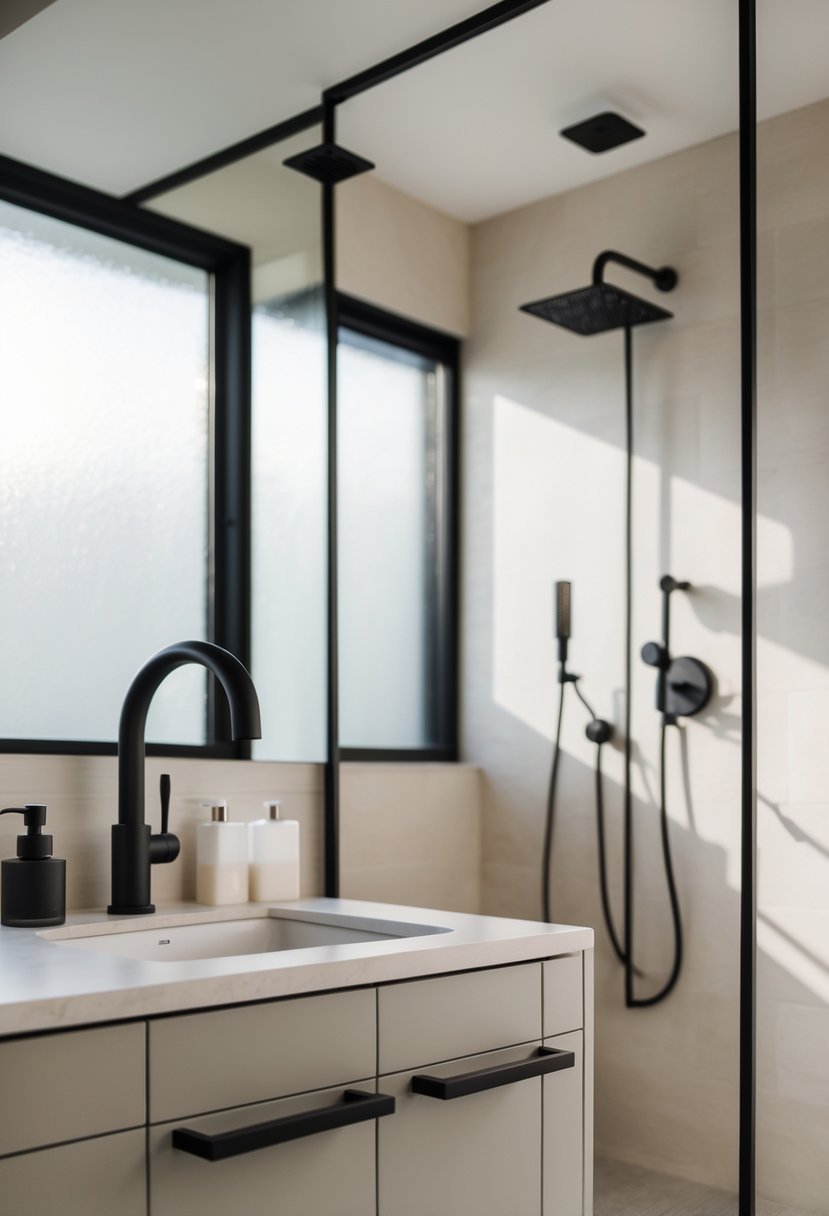 A bathroom with matte black fixtures including a faucet, towel racks, and showerhead, featuring a light-colored vanity and natural lighting.