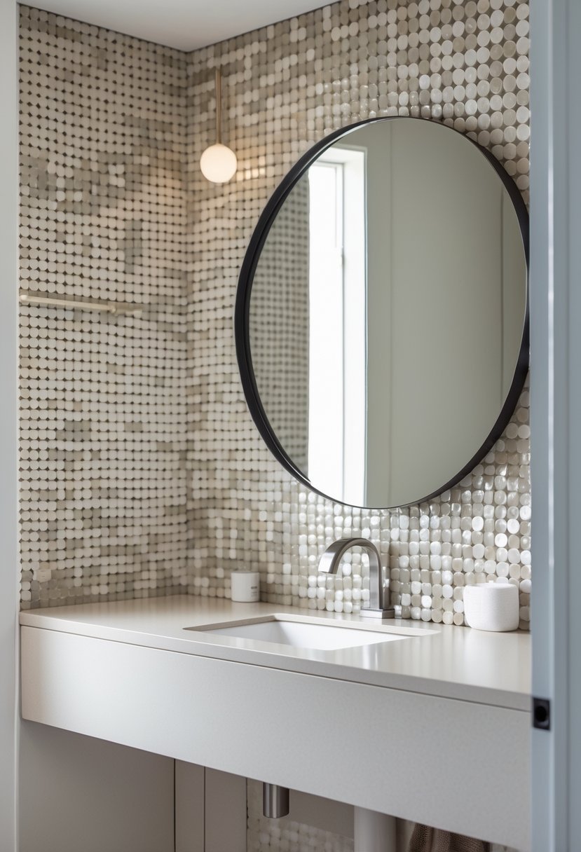 A bathroom sink area with a round tile backsplash, a round mirror, and modern fixtures.