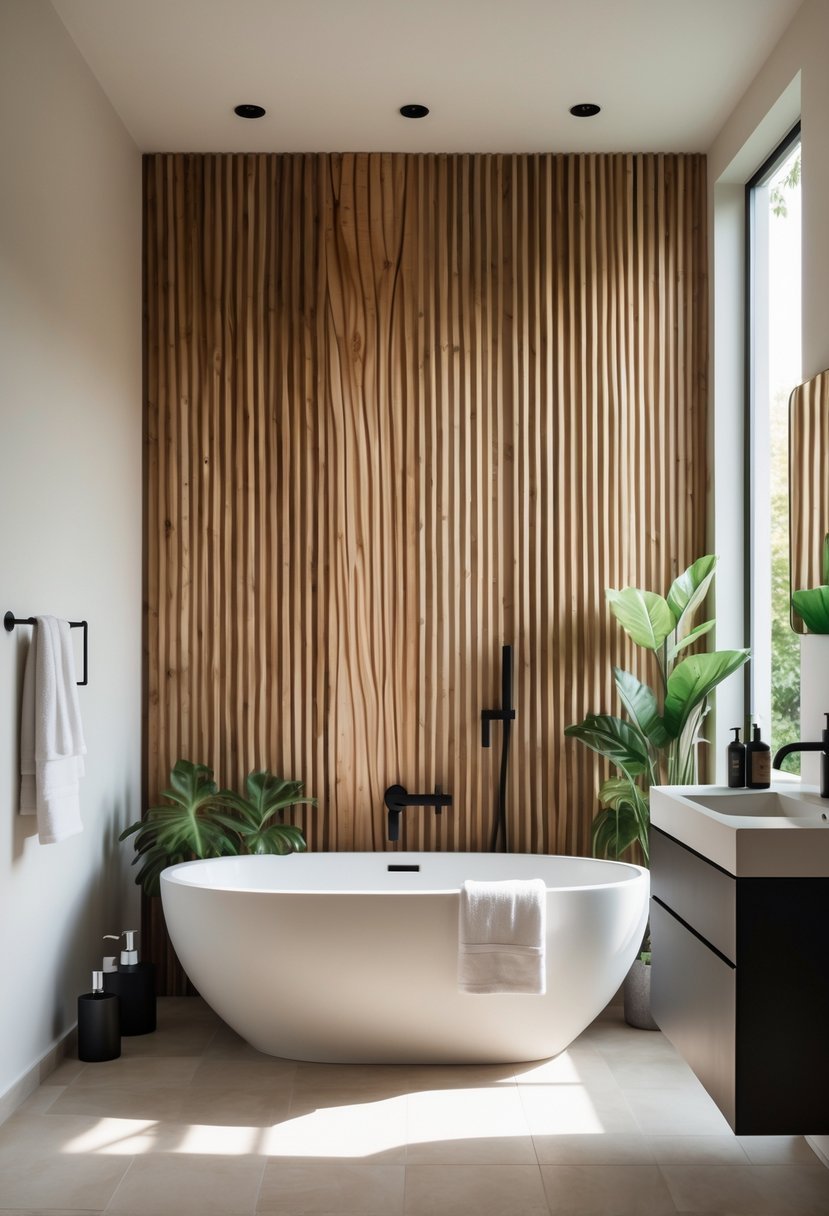 A modern bathroom with a freestanding bathtub in front of a wooden slatted wall, a floating vanity, plants, and natural light coming through a window.