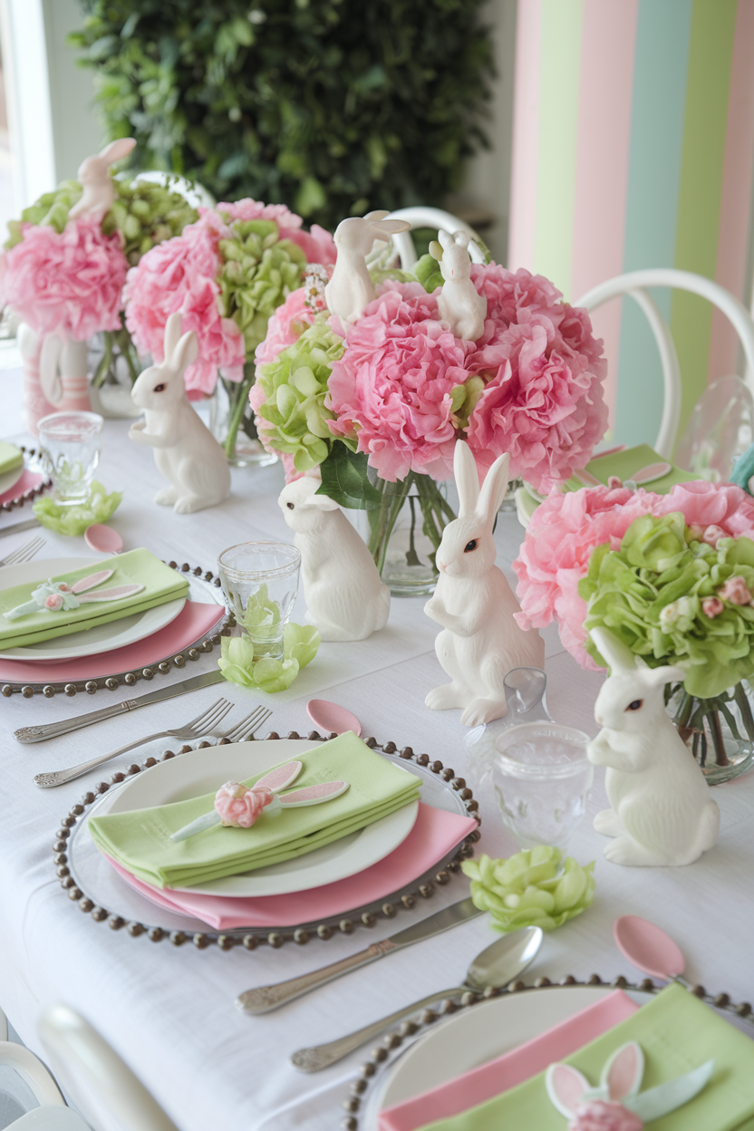 A beautifully decorated Easter or spring-themed table featuring white bunny figurines, pink and green floral arrangements, pastel napkins with bunny ear embellishments, and elegant tableware, creating a whimsical and festive dining atmosphere.