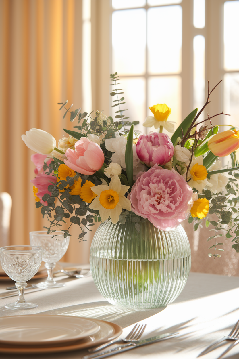 A vibrant spring floral centerpiece featuring pink peonies, white tulips, yellow daffodils, and lush greenery in a ribbed glass vase on a beautifully set dining table.