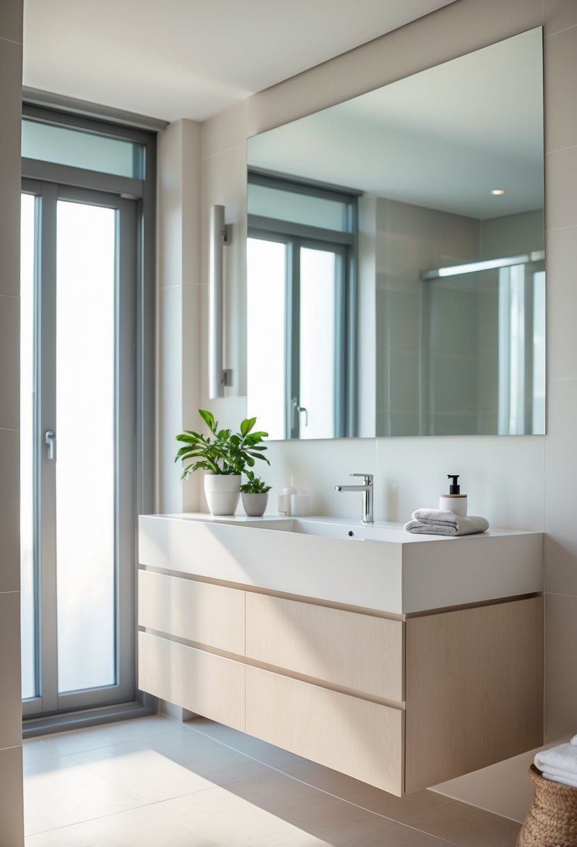 A modern bathroom with a light-colored IKEA Godmorgon vanity featuring an integrated sink, a large mirror, and natural light.