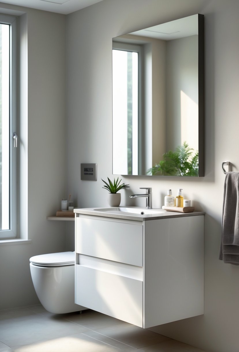 A bright bathroom with a white vanity cupboard, sink, mirror, and small plants on the countertop.