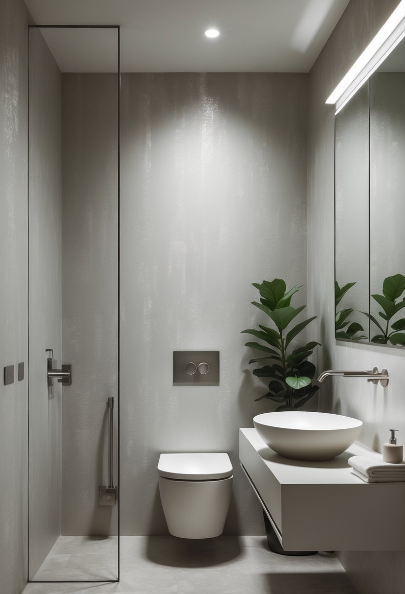 A modern bathroom with matte finish vinyl wallpaper featuring subtle patterns, a sink, mirror, and a small plant.