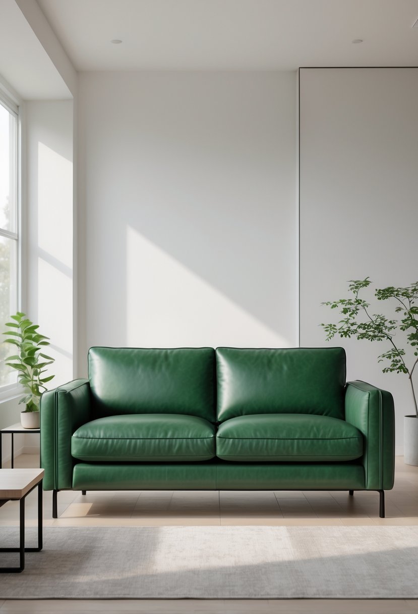 A forest green leather sofa in a bright, uncluttered living room with light hardwood floors and a small potted plant nearby.