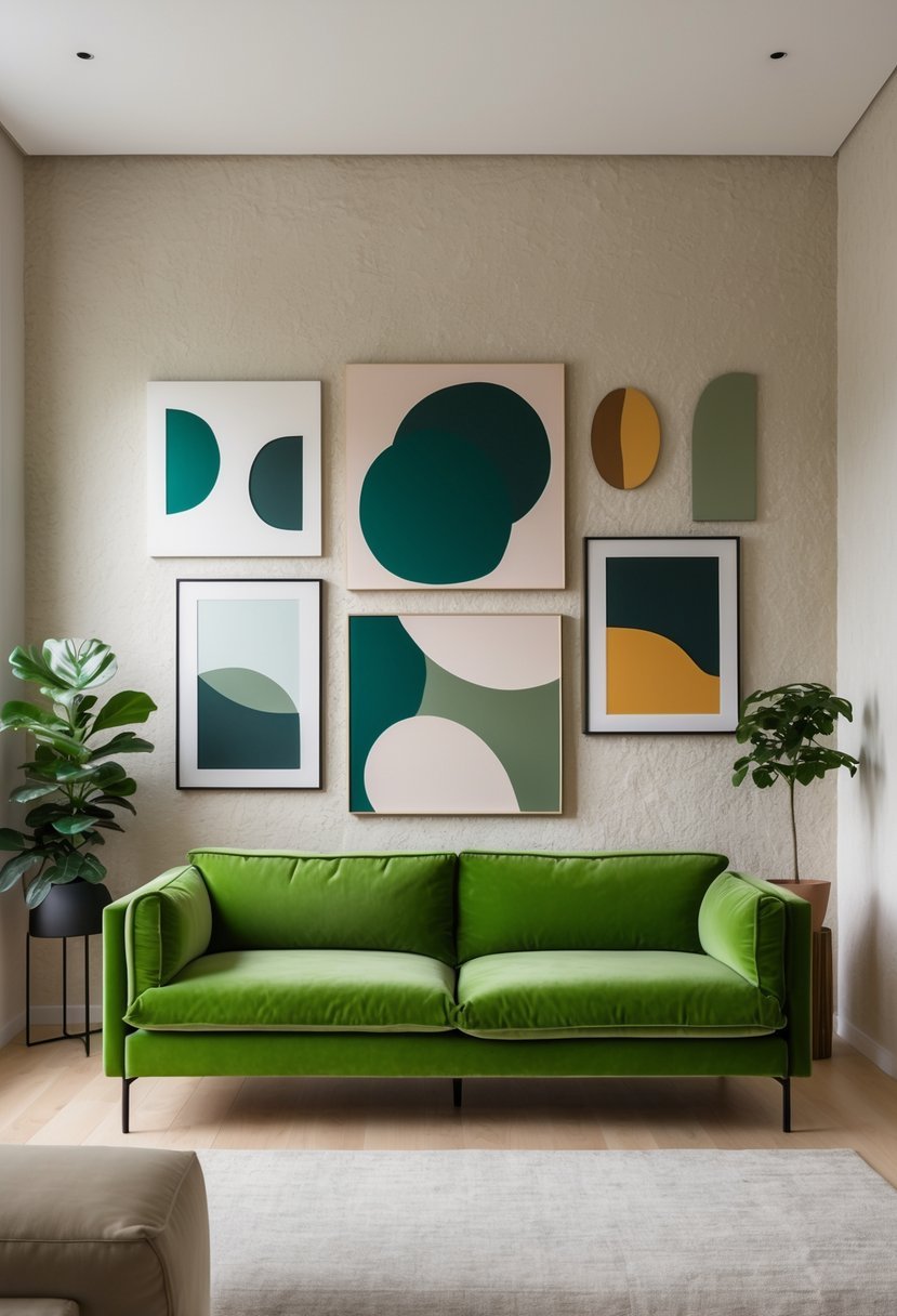 Living room with a green couch against plaster walls decorated with abstract art pieces.