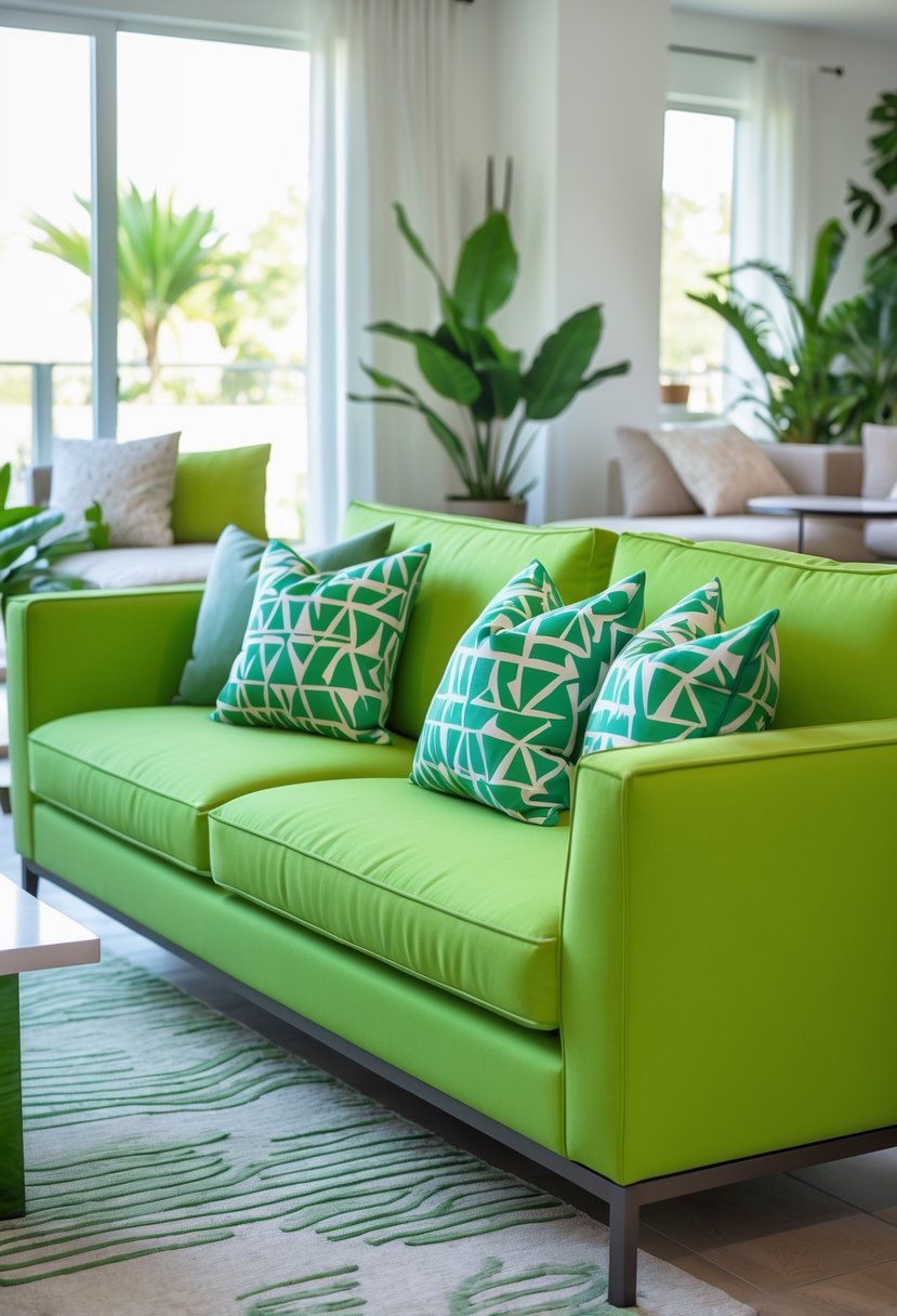 A bright green couch with geometric throw pillows in a living room with natural light and plants.