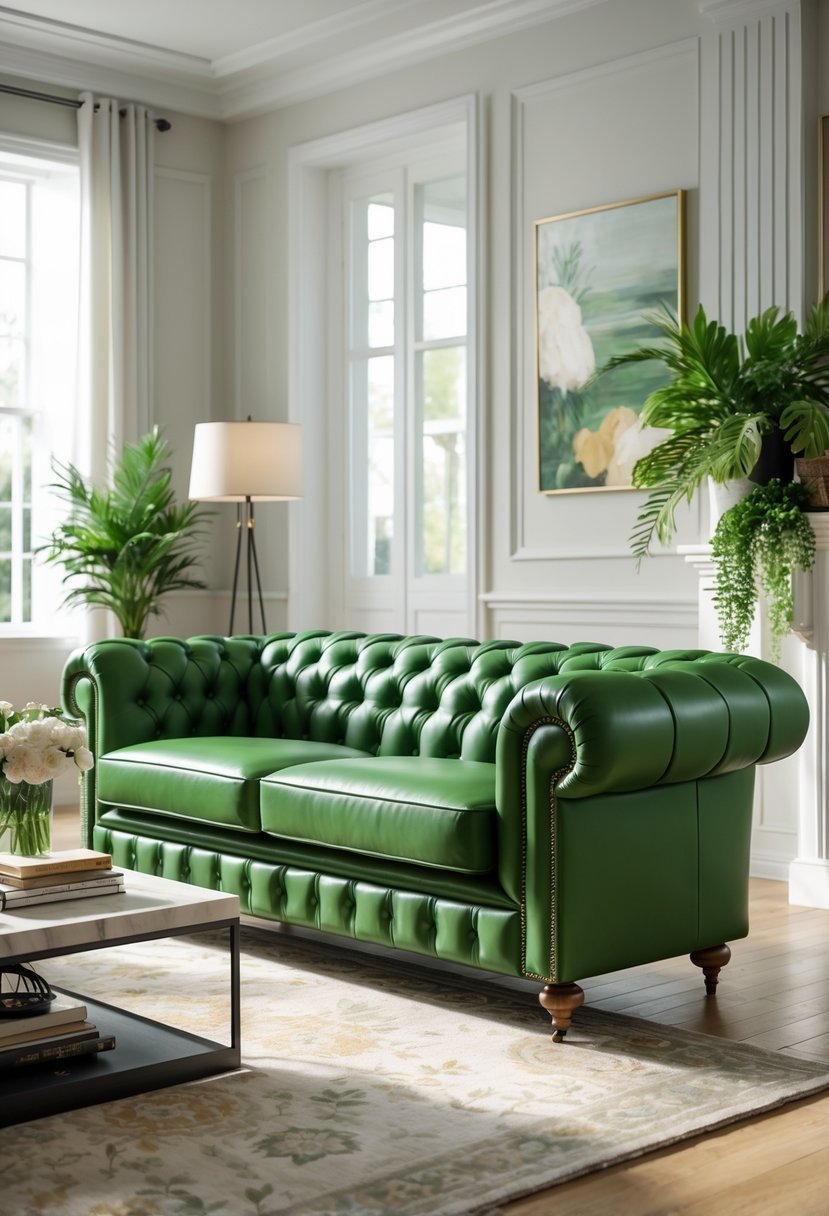 A green Chesterfield sofa in a well-lit living room with a coffee table, rug, plants, and artwork.