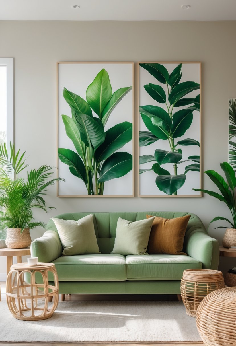Living room with a soft green couch, botanical wall art, and rattan furniture accents.