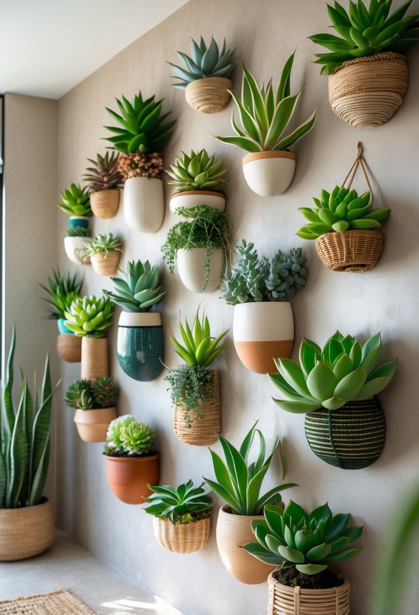 A wall decorated with multiple succulent plants in various planters arranged neatly.
