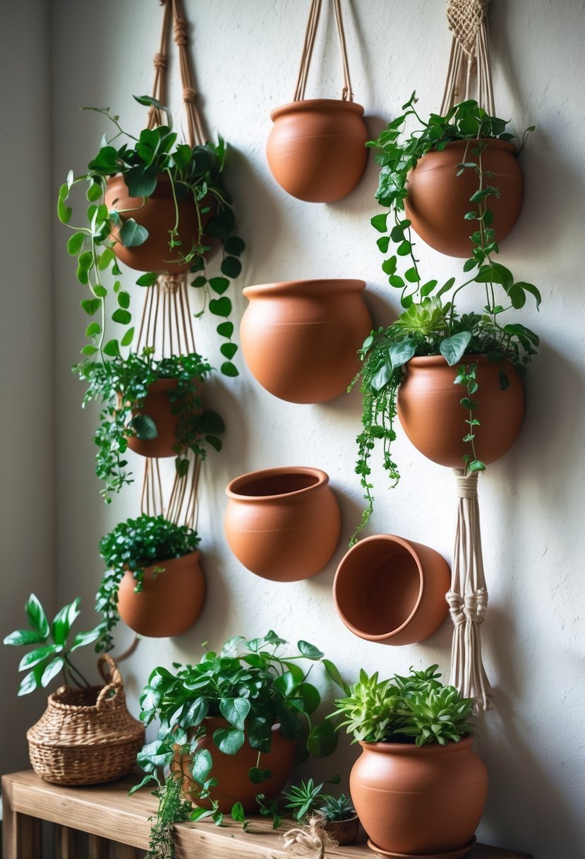 A wall decorated with various terracotta pots holding green plants arranged neatly against a light-colored background.
