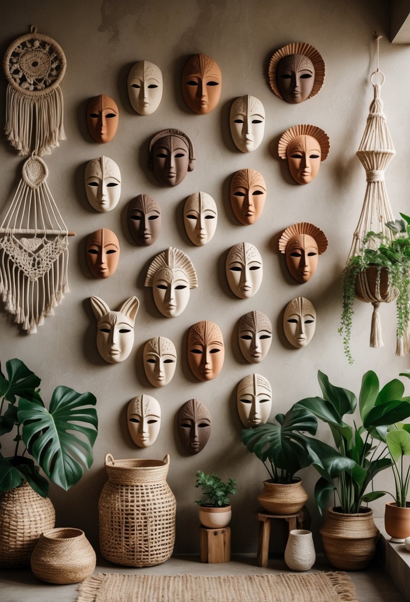 A wall decorated with various clay masks surrounded by plants and woven baskets in a cozy indoor setting.