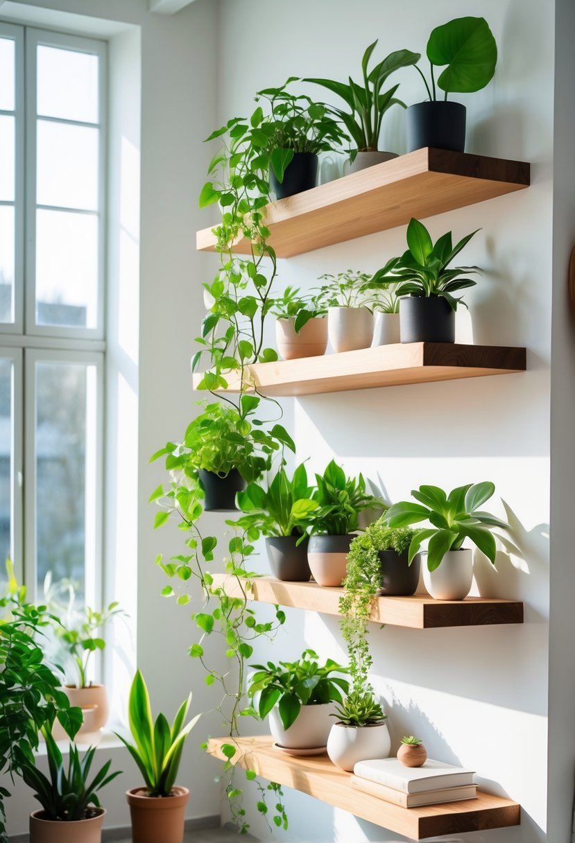 A bright room with floating wooden shelves displaying various green plants in pots near large windows.
