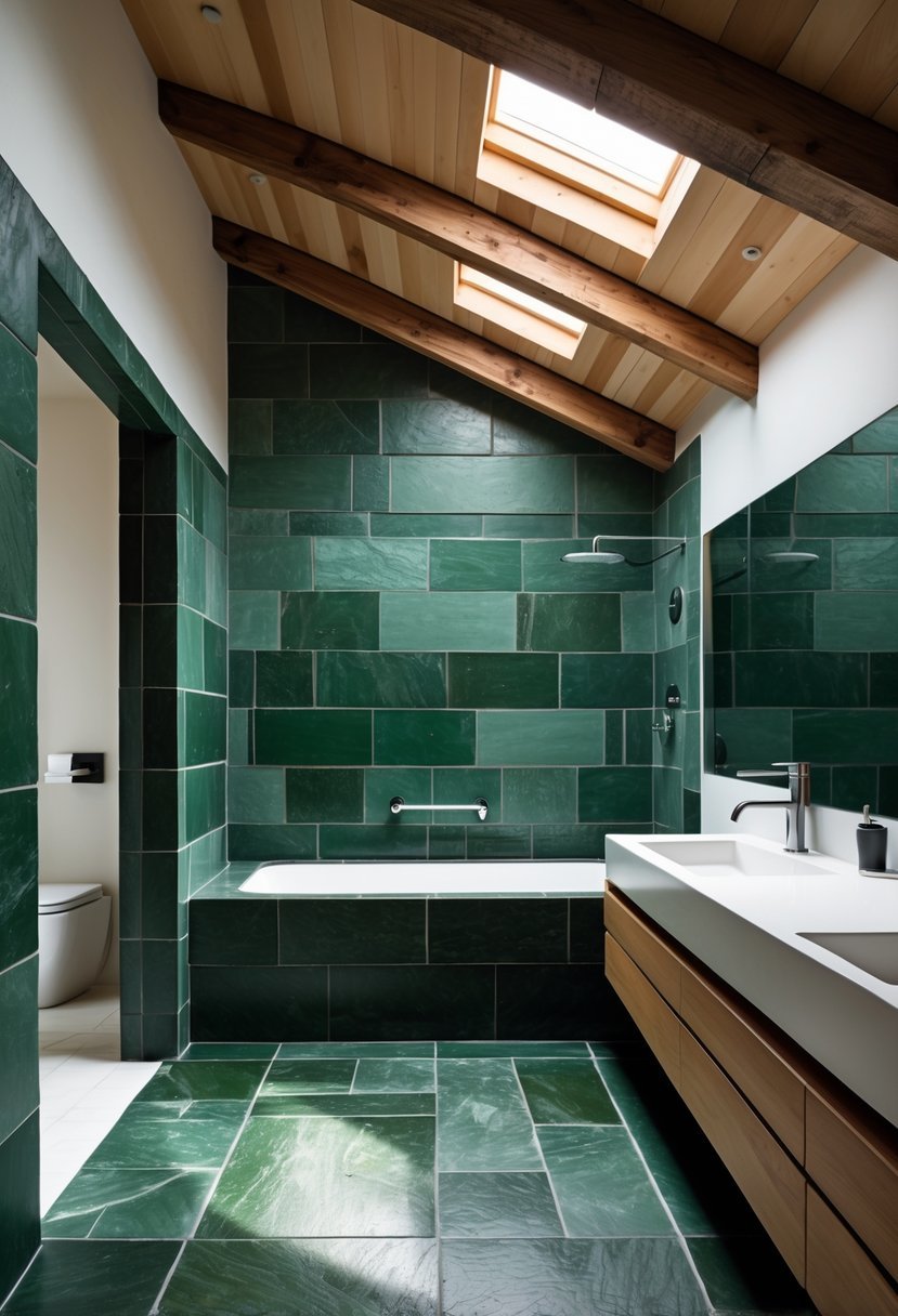 A bathroom with green slate floor tiles and exposed wooden beam ceilings.