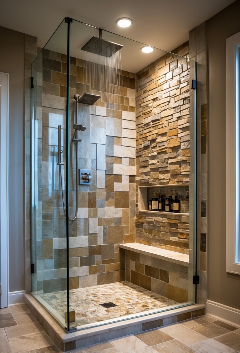 A walk-in shower with a glass enclosure and an accent wall covered in mosaic or natural stone tiles.