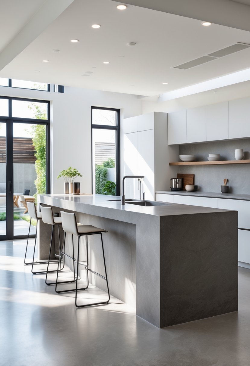 A modern kitchen with a waterfall-edge countertop kitchen island, bar stools, and bright natural light.