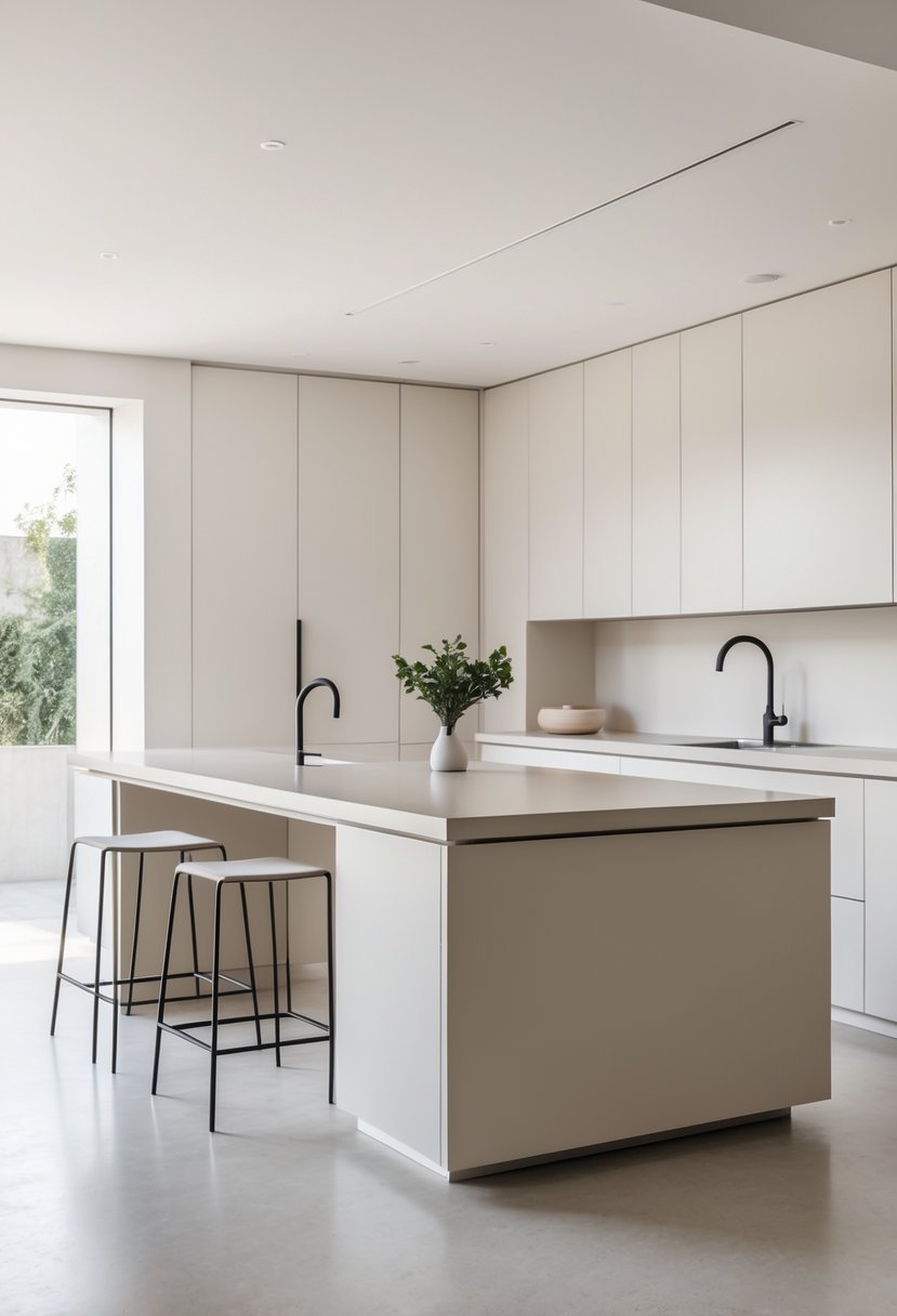A clean kitchen with a central island and simple bar stools, surrounded by cabinets and natural light.