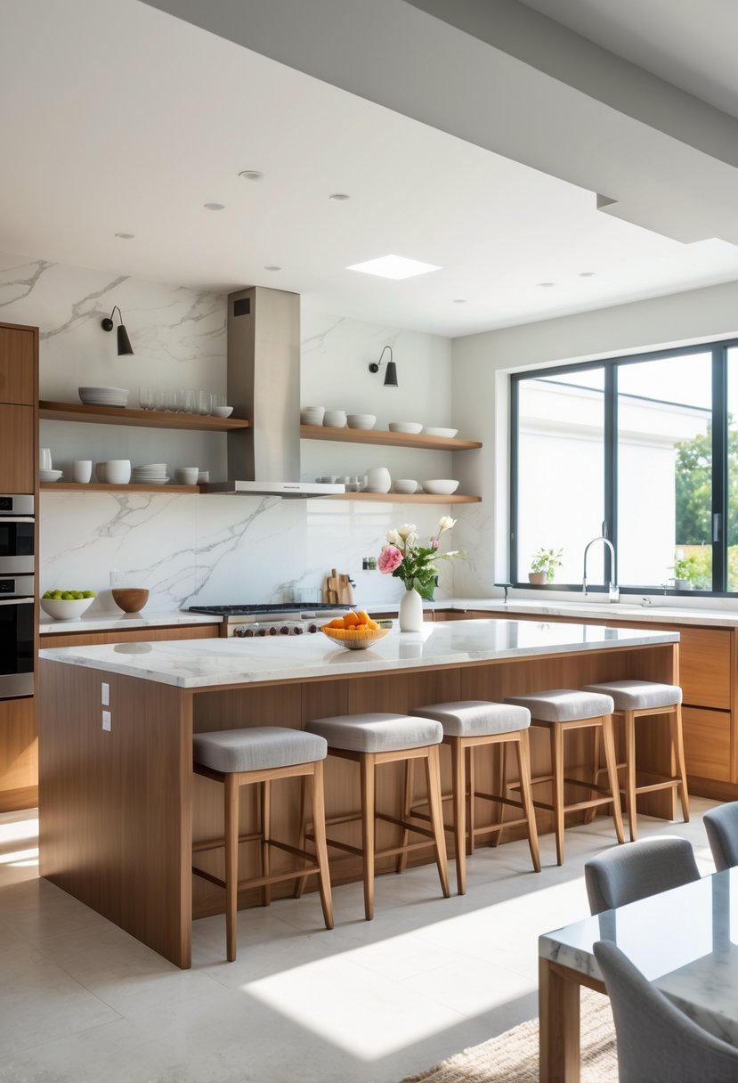 A bright kitchen with a large island featuring a breakfast bar extension with stools.