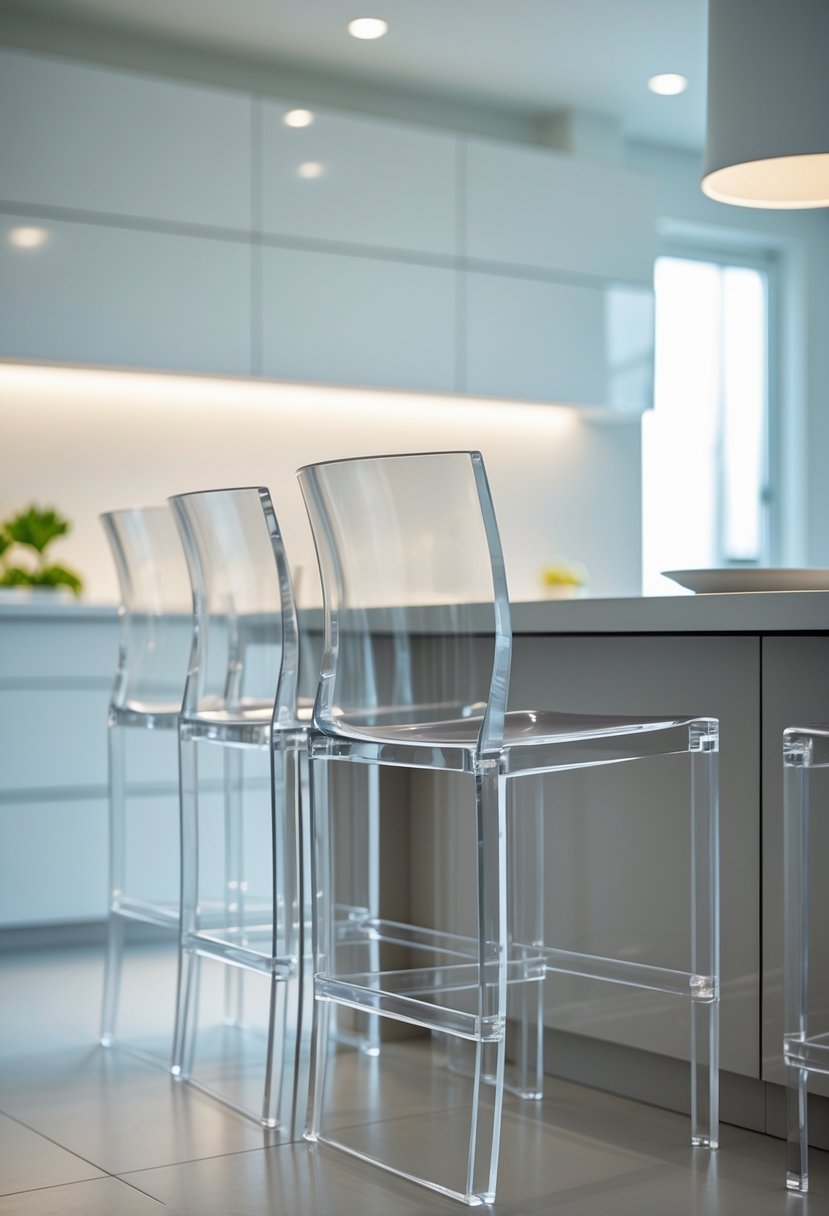 A set of clear acrylic backless bar stools arranged around a kitchen island in a modern kitchen.