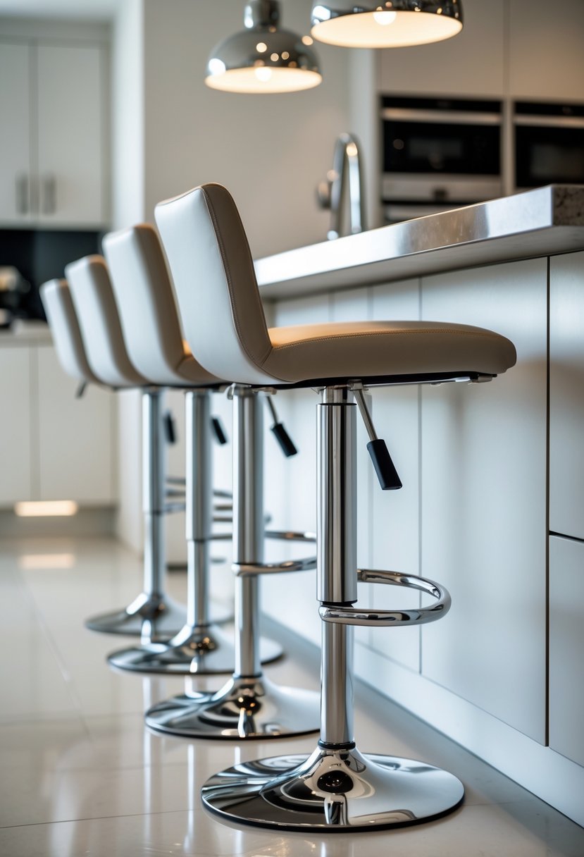 A row of adjustable height bar stools with chrome accents lined up along a kitchen island in a modern kitchen.