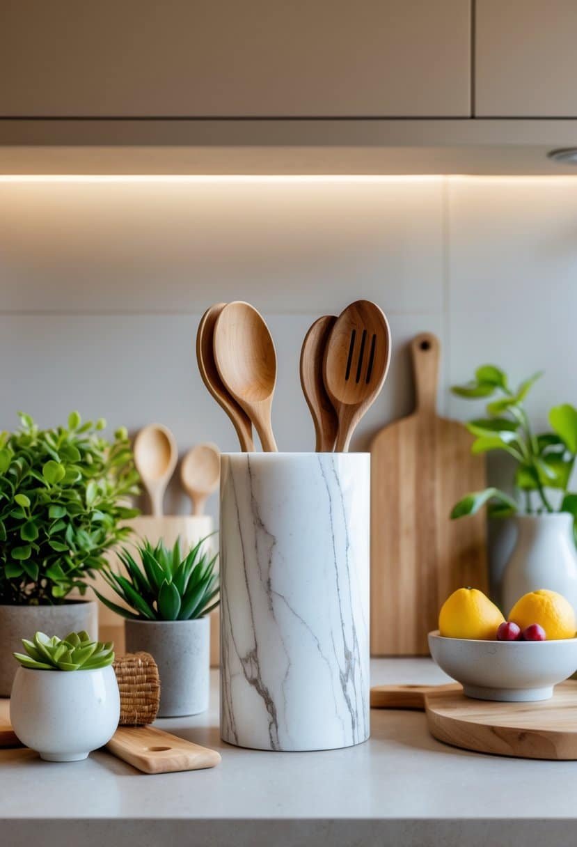 A kitchen counter displaying a marble utensil holder with wooden spoons, a small plant, a bowl of fruit, and a cutting board.
