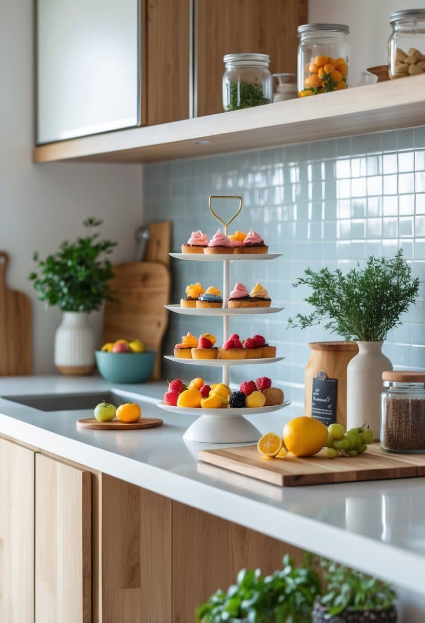 A kitchen counter with a tiered dessert stand holding pastries and fruits, surrounded by potted herbs and kitchen jars.