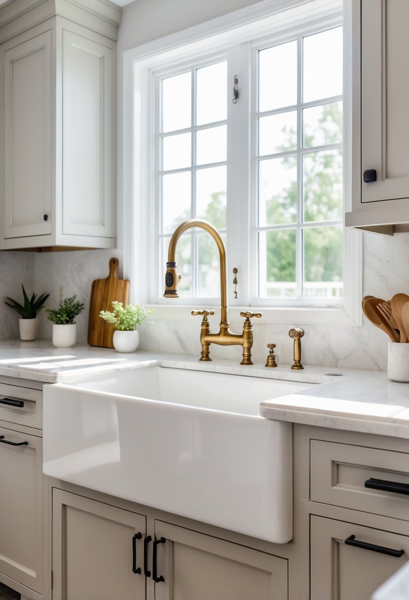 A kitchen with a large white farmhouse sink, brass faucet, light marble countertops, and neutral cabinetry illuminated by natural light.