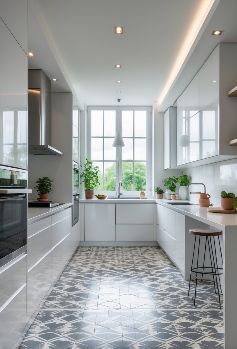 A bright kitchen with patterned floor tiles, a central island, and modern appliances.