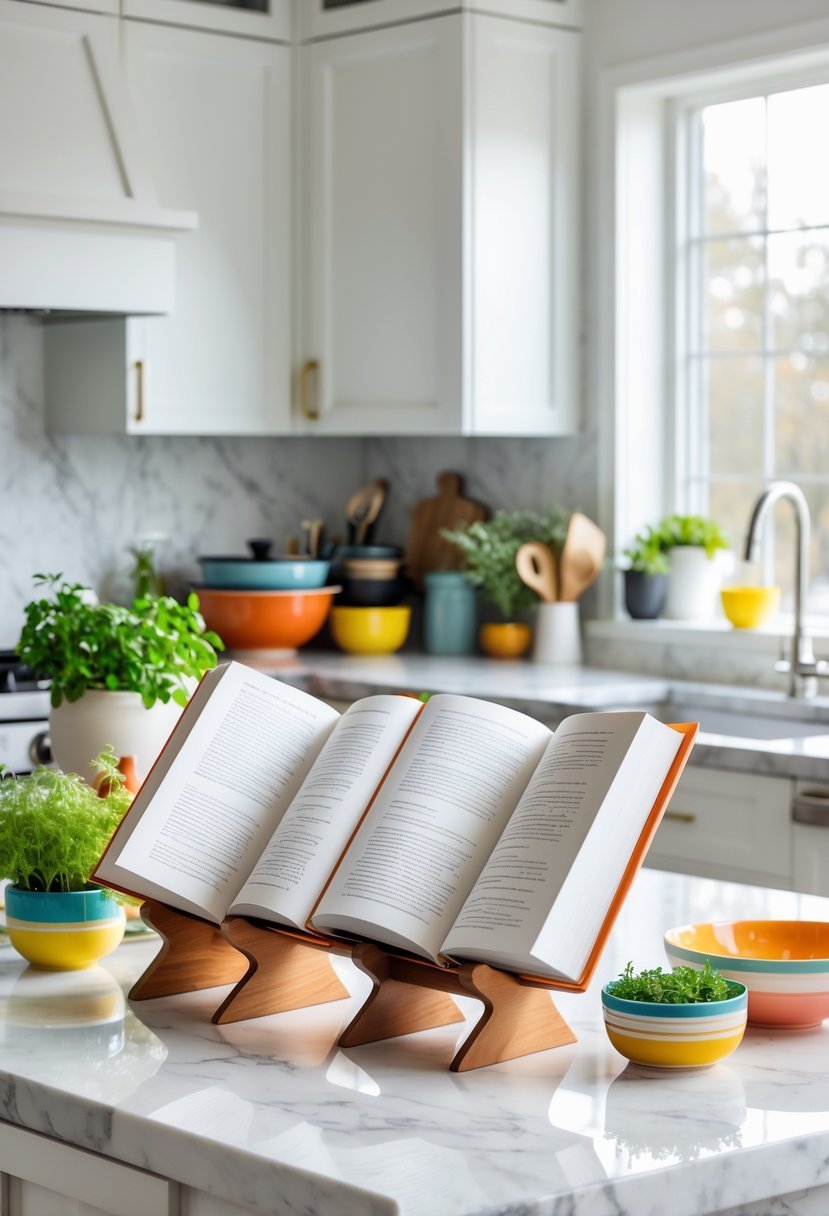 Open cookbooks displayed on stands on a kitchen countertop surrounded by herbs, bowls, and cooking utensils.