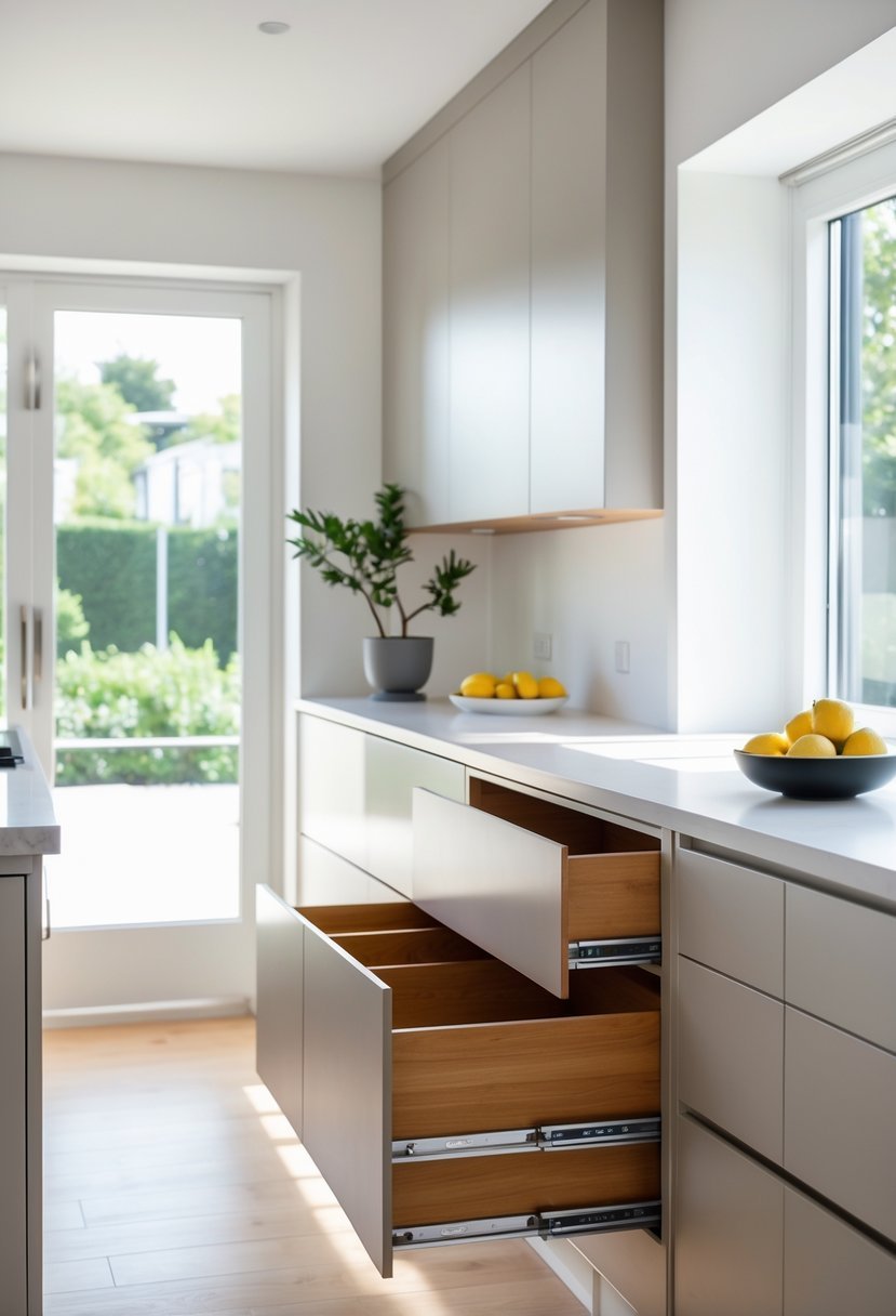 A modern kitchen with soft-close drawers partially open, showing a clean and organized countertop with natural light coming through windows.