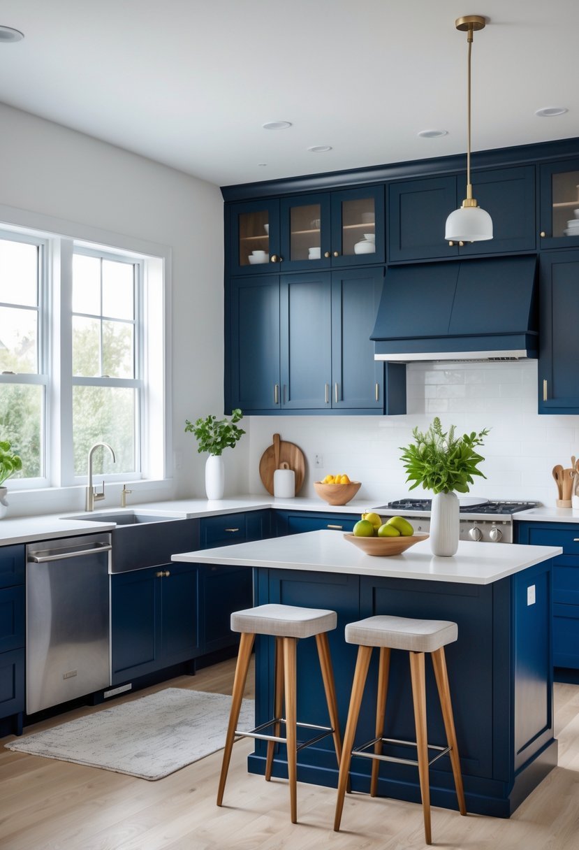 A bright kitchen with deep navy blue cabinets, white countertops, stainless steel appliances, and a kitchen island with bar stools.