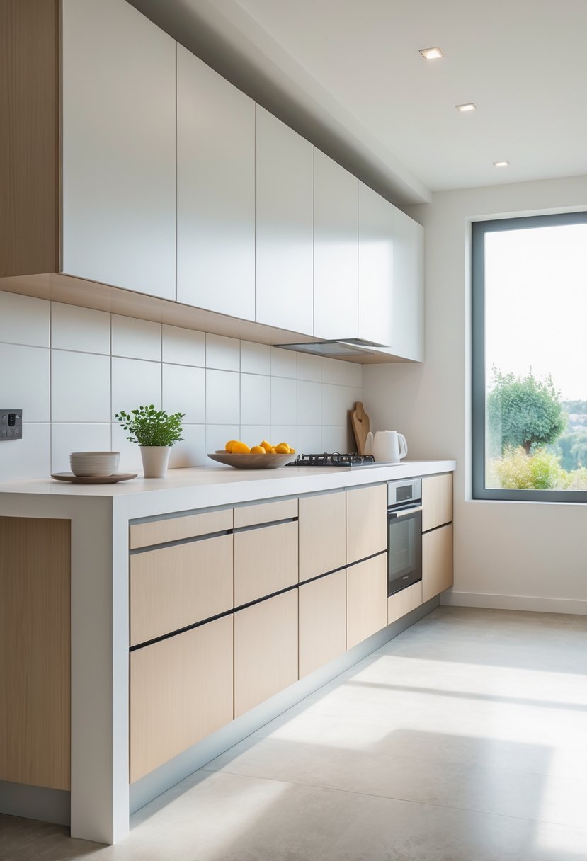 A bright kitchen with floating cabinets mounted on the wall, a clean countertop, and natural light coming through large windows.