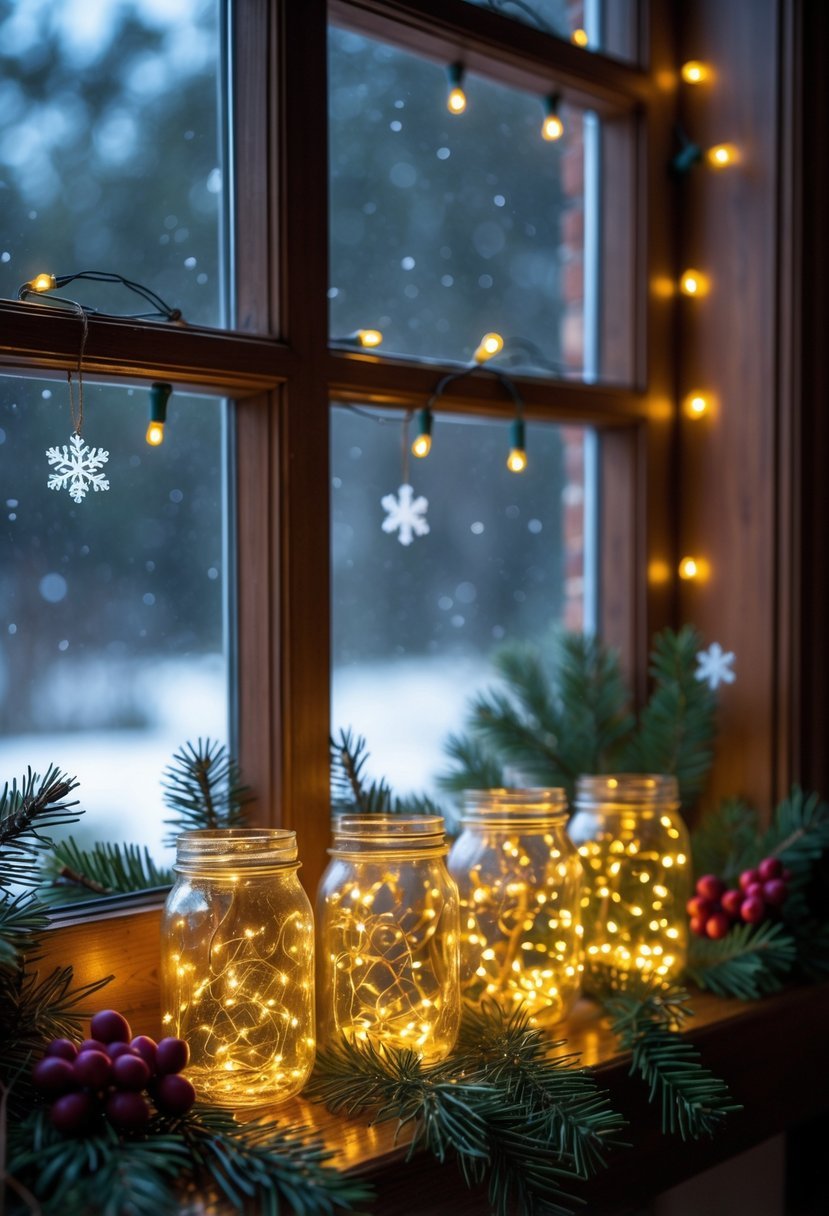 Glowing mason jars with fairy lights arranged on a windowsill decorated with pine branches and holiday ornaments, with a snowy scene outside the window.