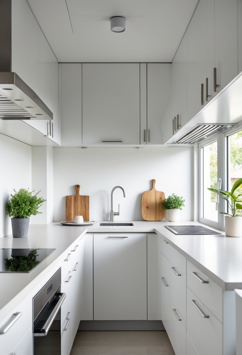 A small kitchen with sleek cabinets featuring slim, metallic handles and a clean countertop.