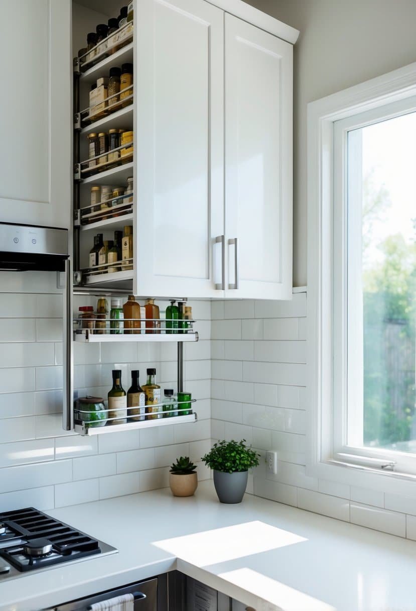 A small kitchen with white upper cabinets, one showing an extended pull-down rack holding spices and kitchen items.