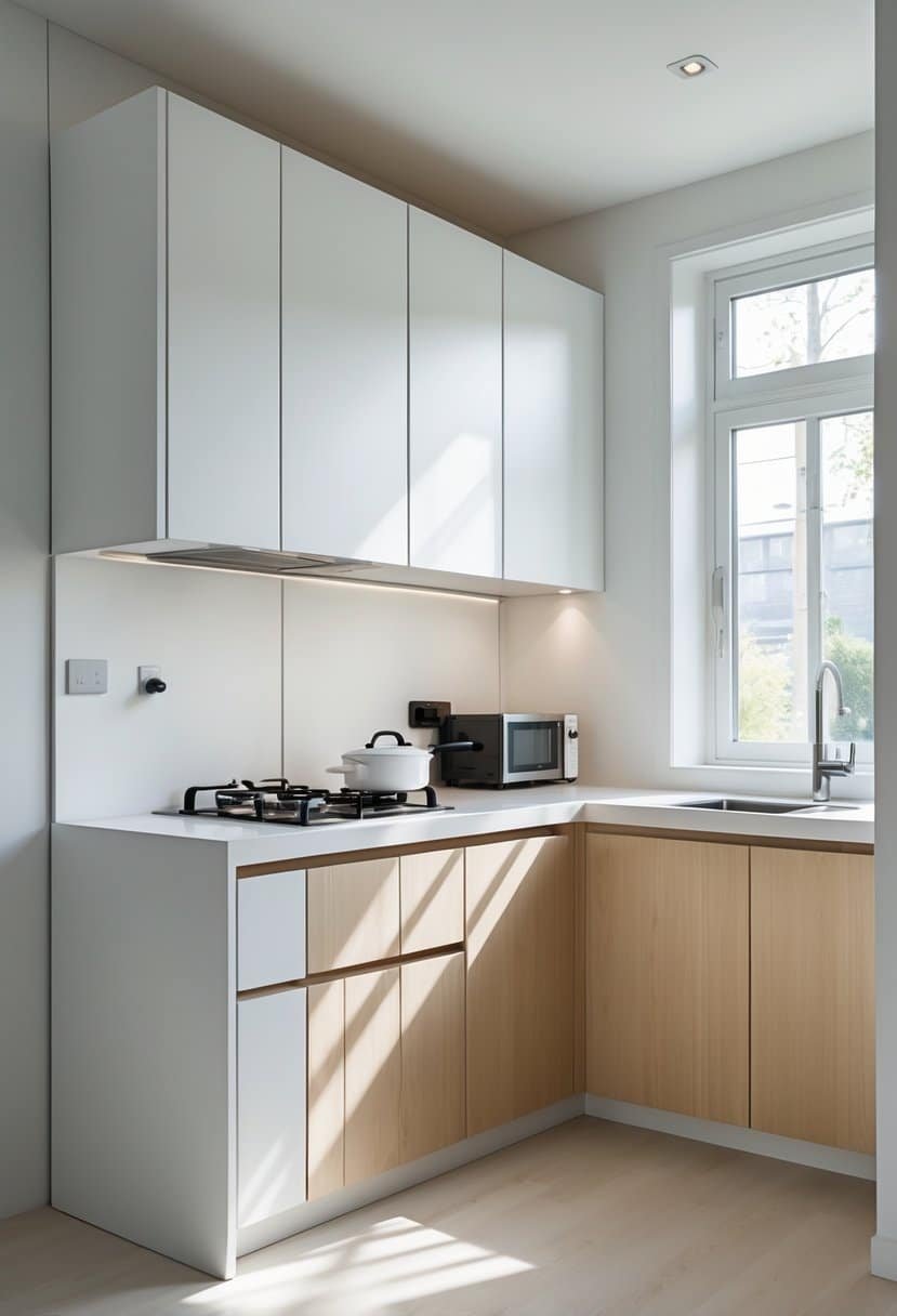 A small modular kitchen with white and light wood cabinets, integrated appliances, and natural light coming through a window.