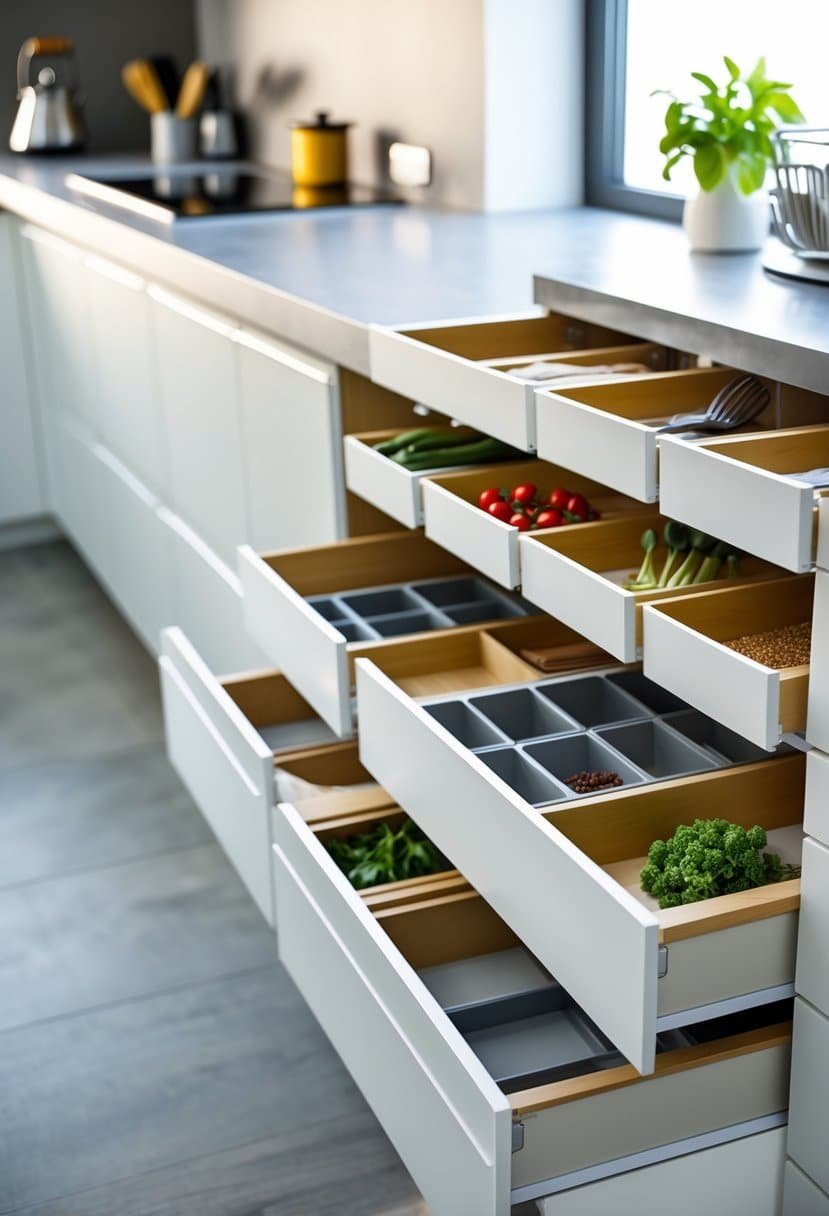 A modern kitchen cabinet with 16 small drawers, each containing organized compartments with kitchen utensils and spices.
