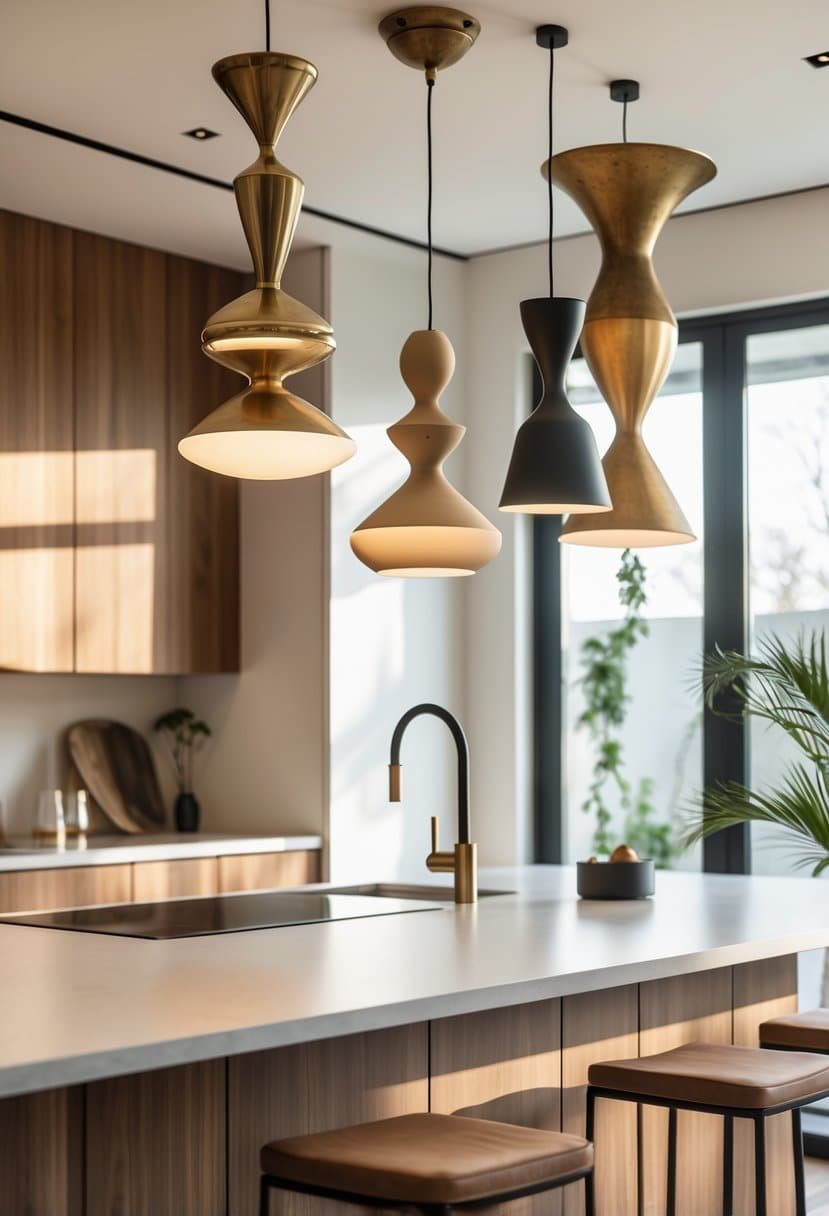 A modern kitchen with wooden cabinets, a central island, and artistic pendant lights hanging above it.