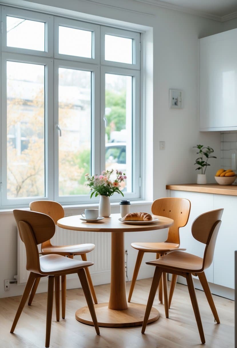 A small breakfast nook with a round wooden table and four chairs in a bright kitchen with natural light and simple decor.
