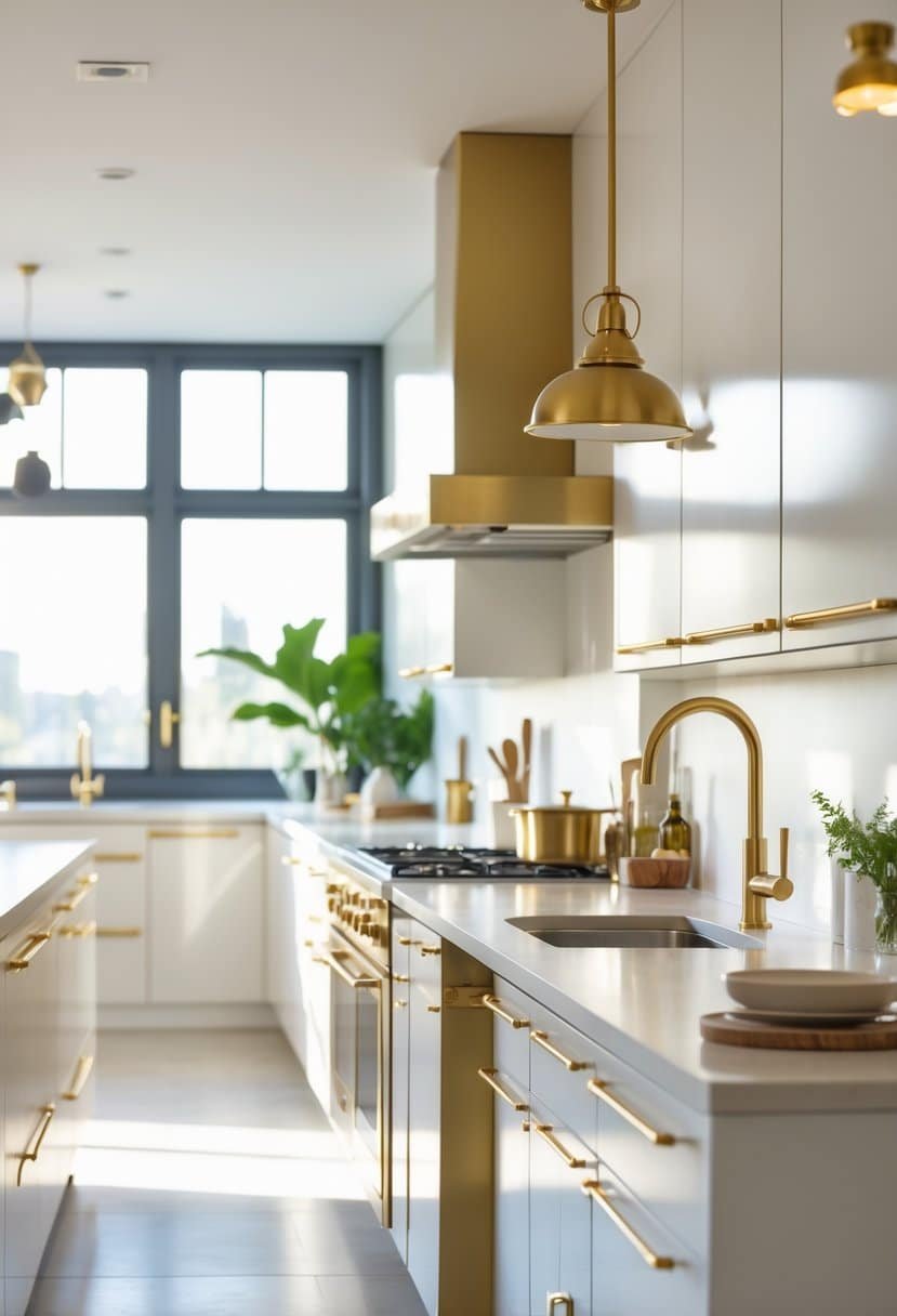 A modern kitchen with brass or gold fixtures, including handles and faucets, with natural light and minimal decor.