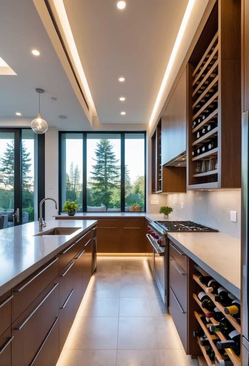 A spacious L-shaped kitchen with built-in wine racks holding wine bottles and modern appliances.